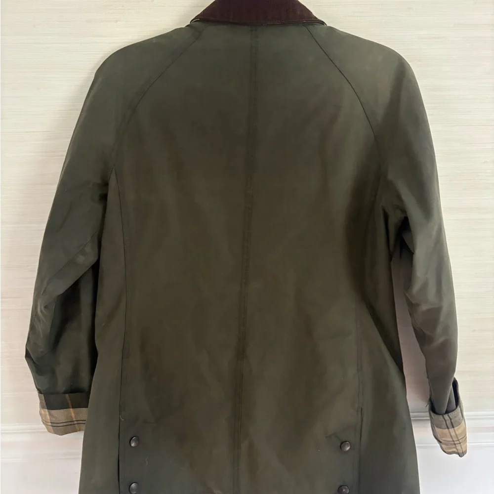 Barbour Dark Olive Waxed Cotton Trench Coat with Brown Corduroy Collar
